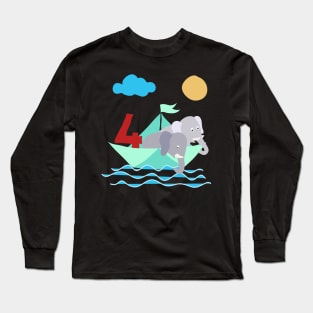 Elephants In Paper Boat Sea 4 Years Birthday Long Sleeve T-Shirt